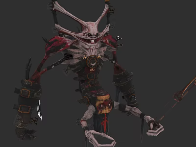 Game Movie Character Mechanical Skeleton Monster With Red Black Armor And Spiked Weapon 3d model