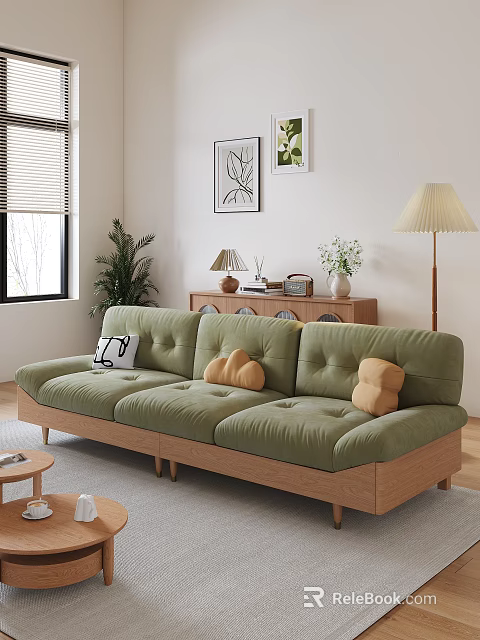 Comfortable Green Sofa with Pillows and Wooden Coffee Table Set in Modern Living Interior 3d model 