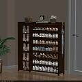 Wooden Shoe Cabinet with Multiple Shelves Handbag Clock Potted Plant and Umbrella