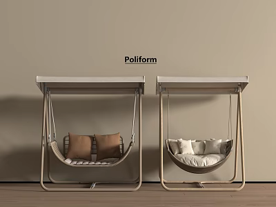 Pollform Hanging Swing Chairs With Brown White Cushions Metal Frame Beige Wall Wooden Floor 3d model