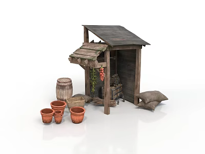 Rustic Wooden Shed With Terracotta Pots Barrels And Sacks 3d model