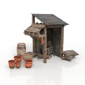 Rustic Wooden Shed With Terracotta Pots Barrels And Sacks