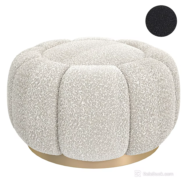 Round Beige Plush Ottoman With Modern Design And Gold Base For Living Room 3d model 