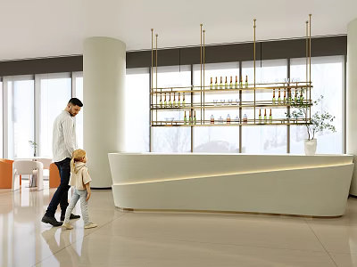 Modern Store Front Desk In Bright Space With Curved Design Wine Rack And Green Plant 3d model