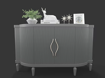 Entryway Cabinet Sideboard With Gray Vertical Striped Design Gold Handle Green Plant Deer Figurine Books 3d model