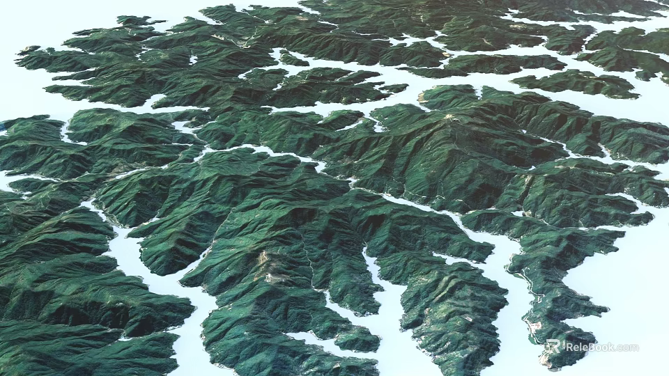 Scenic Aerial View Of Green Mountain Ranges Interlaced With White Water Bodies 3d model 