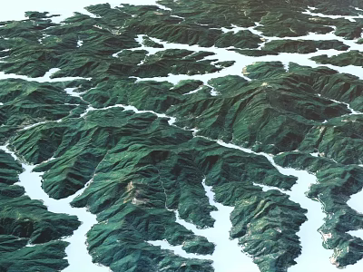 Scenic Aerial View Of Green Mountain Ranges Interlaced With White Water Bodies 3d model