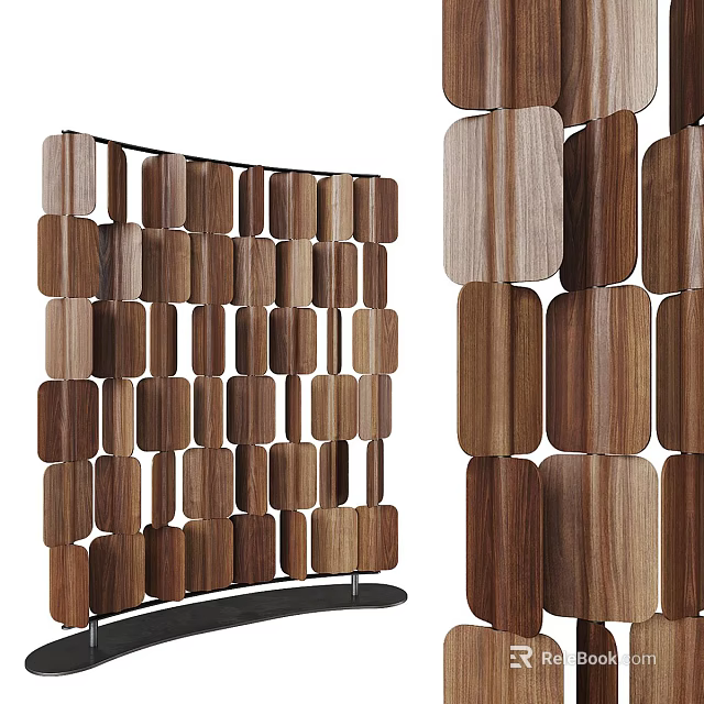 Modern Wooden Room Divider With Geometric Panel Design And Natural Wood Slats 3d model 