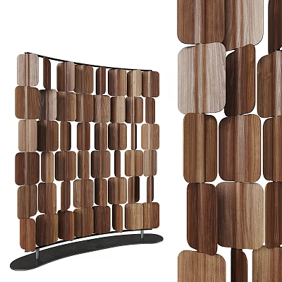 Modern Wooden Room Divider With Geometric Panel Design And Natural Wood Slats 3d model