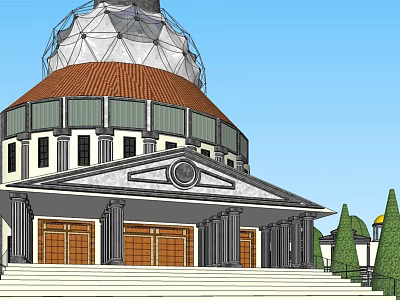 Stunning European style Architecture with Dome Red Roof Tiles Columns and Green Trees 3d model