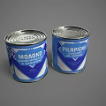 Household Food Storage Metal Cans With Blue White Labels And Sealed Lids