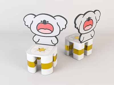 Cute Kids Chair With Cartoon Koala Design Yellow Striped Legs And Star Pattern 3d model
