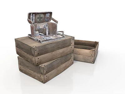Vintage Medical Kit With Cross Symbol On Stacked Wooden Crates And Open Case 3d model