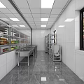 Commercial Kitchen With Stainless Steel Refrigerators Worktables Sinks White Tiled Walls And Metal Shelving Racks