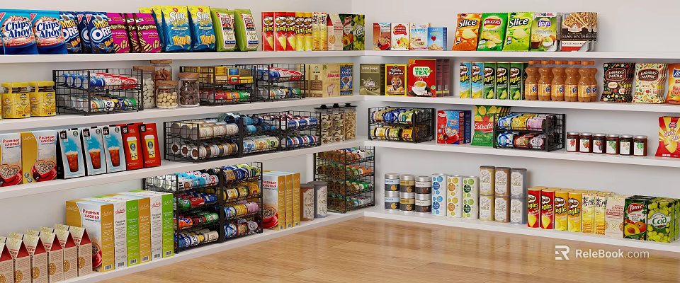 Practical Storage Shelves Displaying Various Packaged Snacks And Canned Goods 3d model