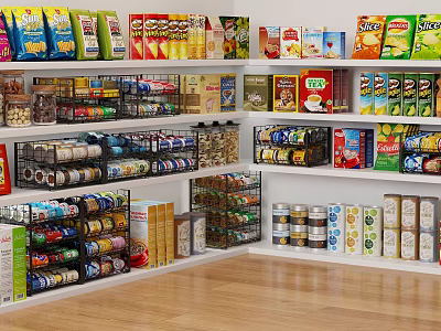 Practical Storage Shelves Displaying Various Packaged Snacks And Canned Goods 3d model