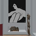 Abstract Painting Black and White Minimalist Figure Wall Art with Fireplace Firewood and Wooden Sculpture