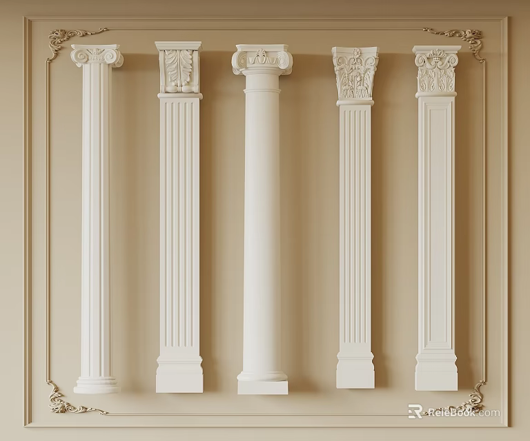 Classical White Roman Columns With Ornate Capitals On Beige Wall And Gold Decorative Frames 3d model 
