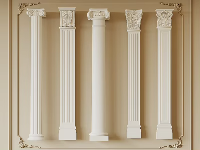 Classical White Roman Columns With Ornate Capitals On Beige Wall And Gold Decorative Frames 3d model