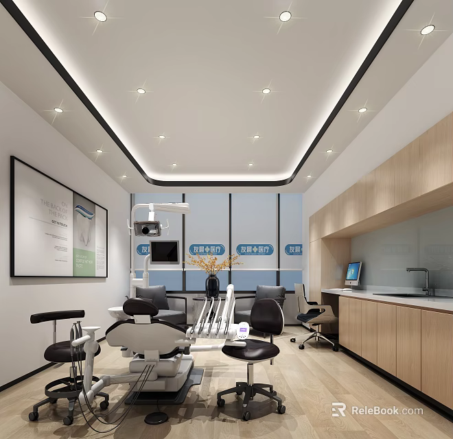 Modern Dental Clinic Interior With Treatment Chairs Medical Equipment And Wooden Cabinets 3d model 