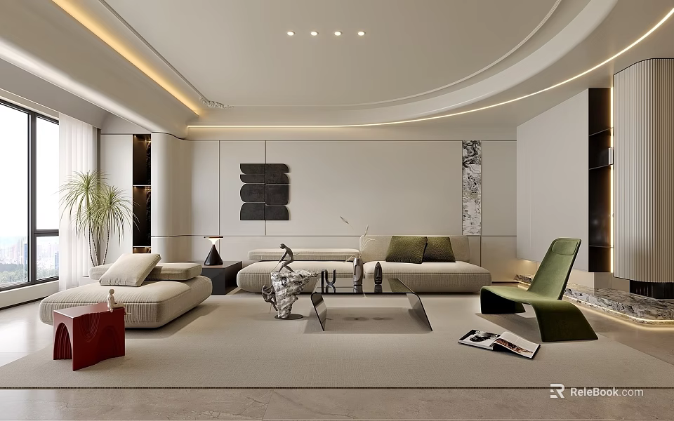 Modern Living and Dining Room Interior With Sofa Coffee Table Green Plant And Decorative Painting 3d model 