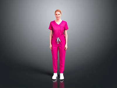 A Woman Standing In Pink Scrub Suit With White Sneakers On Gray Background 3d model