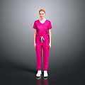 A Woman Standing In Pink Scrub Suit With White Sneakers On Gray Background