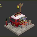 Red Japanese Style Food Truck With Signboard Lantern Awning Tables And Stone Pavement