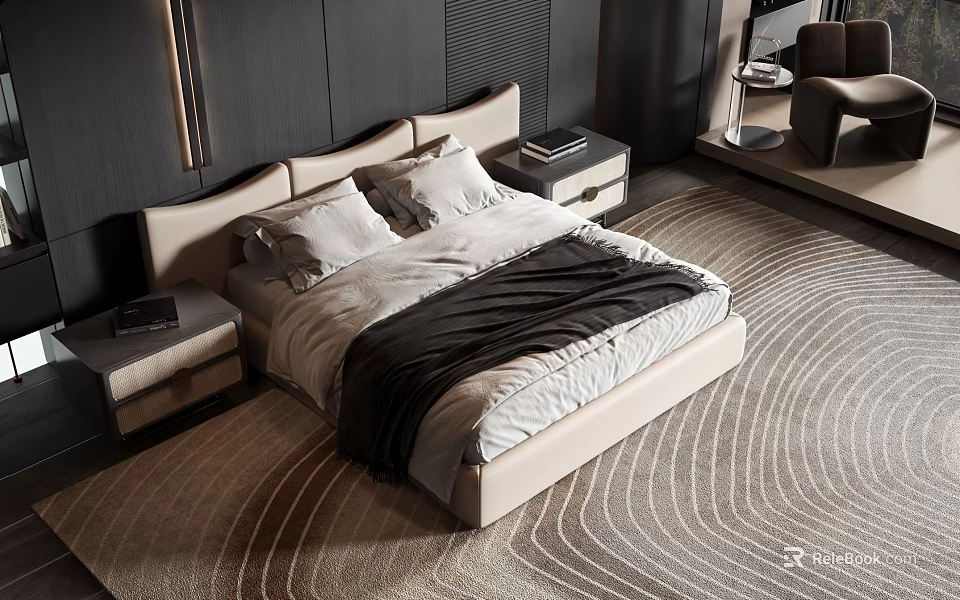 Modern Double Bed With Upholstered Headboard White Linens Black Blanket And Nightstands On Textured Rug 3d model 