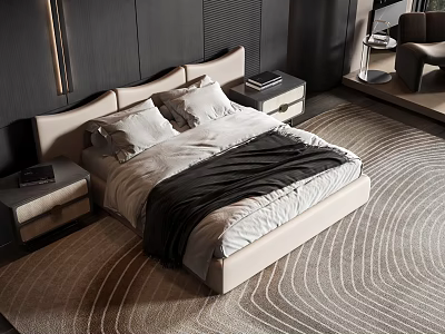 Modern Double Bed With Upholstered Headboard White Linens Black Blanket And Nightstands On Textured Rug 3d model
