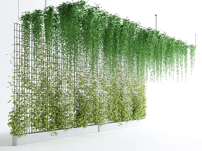 Green Hanging Vines Covering Metal Grid Wall For Indoor Decoration With White Base 3d model