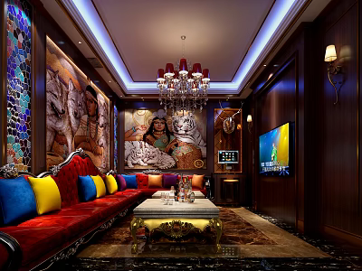 Luxurious KTV Room Interior With Red Sofa Chandelier Mural And TV 3d model