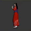 Woman In Red Kimono With Blue Obi And White Patterns On Gray Background