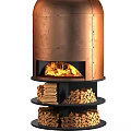 Copper Fireplace Design With Burning Flames And Stacked Wood Logs 3d model