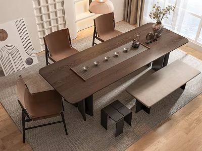 Dark Wooden Dining Table Set With Brown Chairs Bench Stools And Decorative Vase 3d model