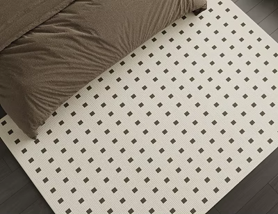 Square Rug With Brown Square Patterns In Bedroom 3d model