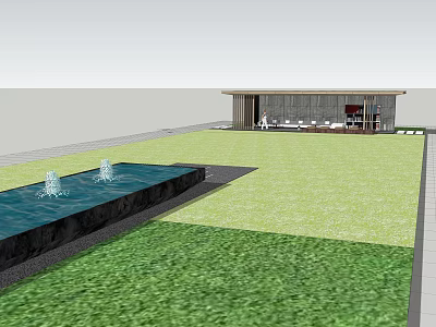 Residential Landscape with Green Lawn Water Feature Fountains and Modern Building Seating Area 3d model