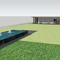 Residential Landscape with Green Lawn Water Feature Fountains and Modern Building Seating Area