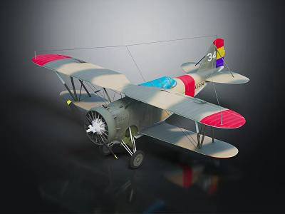 Vintage Biplane Model With Red Wings Gray Fuselage Blue Cockpit And Colorful Tail Propeller 3d model