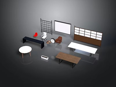 Modern Interior Design With Round Table Long Wooden Tables Chairs Display Shelves And White Screen 3d model