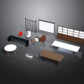 Modern Interior Design With Round Table Long Wooden Tables Chairs Display Shelves And White Screen
