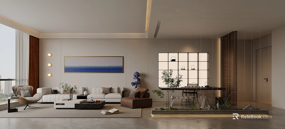 Elegant Modern Lounge Area Featuring Beige Sofa Blue Decorative Painting Green Plants And Coffee Table 3d model 