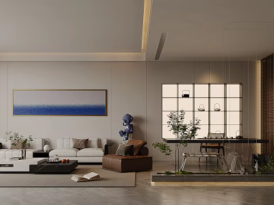 Elegant Modern Lounge Area Featuring Beige Sofa Blue Decorative Painting Green Plants And Coffee Table 3d model