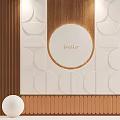 Modern Geometric Background Wall With Wooden And White Panels Hello Lettering And Spherical Decor