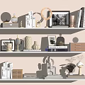 Decorative Ornament Set with Books Photo Frames Vases and Glass Domes on White Shelves