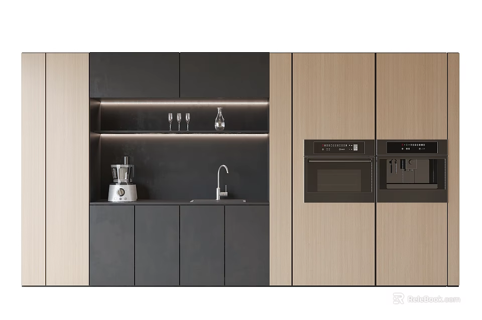 Modern Kitchen Wine Cabinet With Black And Light Wood Design And Wine Glasses 3d model 