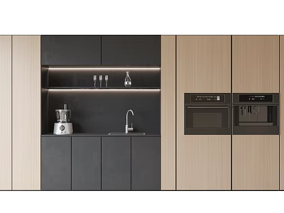 Modern Kitchen Wine Cabinet With Black And Light Wood Design And Wine Glasses 3d model