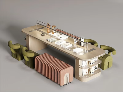 Modern Minimalist Desk With Green Chairs Brown Storage Bench And Organized Trays 3d model