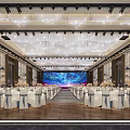 Elegant Banquet Hall Interior Design With Crystal Chandelier Ceiling Shiny Floor And Arranged Tables