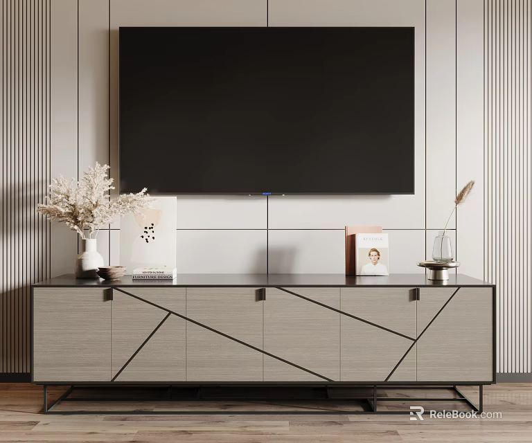 Modern TV Stand With Geometric Lines And Metal Frame Decorative Vases Books And Striped Wall 3d model 